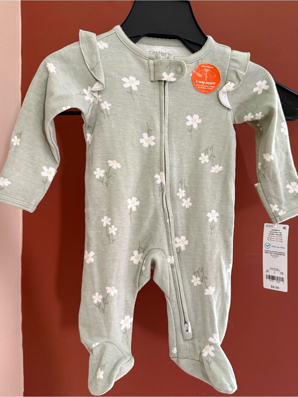 Carter's Sage Green Floral Footed One-Piece with Ruffle Shoulders